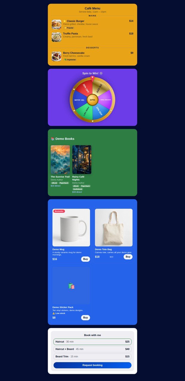 Five of the best MyBioKit widgets in different colors: food menu, prize wheel, bookshop, store, and booking