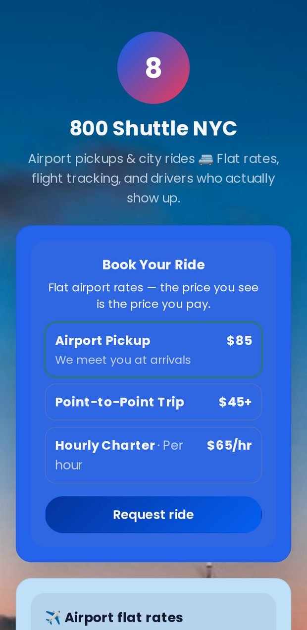 A real MyBioKit page for 800 Shuttle NYC with a booking widget and flat airport rates