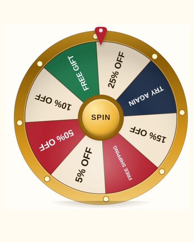 Spin to Win prize wheel with discount prizes and a gold SPIN button